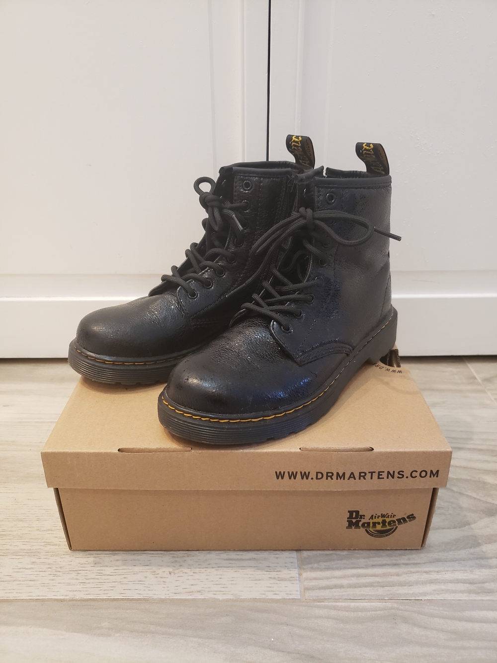 Dr. Martens Black Leather Lace-Up Kid's Crinkle Metalic Boots